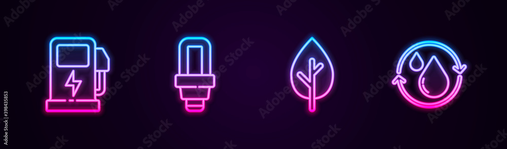 Set line Electric car charging station, LED light bulb, Tree and Recycle clean aqua. Glowing neon icon. Vector. Set line Electric car charging station, LED light bulb, Tree and Recycle clean aqua. Glowing neon icon. Vector.