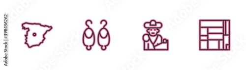 Set line Map of Spain, Bullfight, matador, Earrings and House Edificio Mirador icon. Vector.