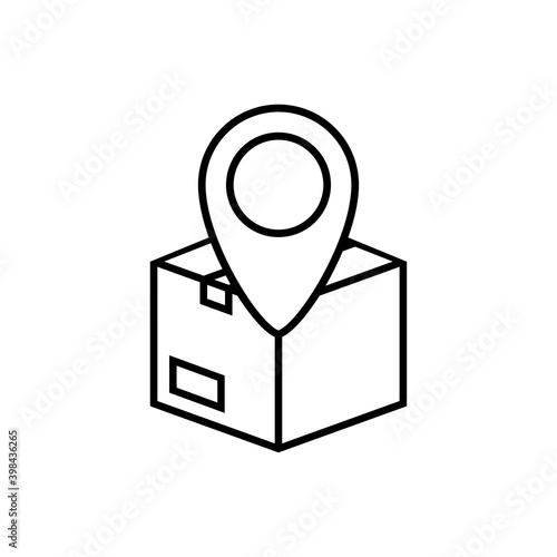 Logotipo seguimiento del envío. Icono caja de cartón con puntero de posición con lineas en color negro