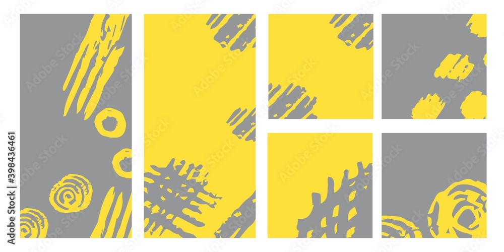 Abstract hand-drawn vector set of templates for post, story in trending colors of 2021. Yellow-gray tones, square, strokes, doodles. Social media covers.