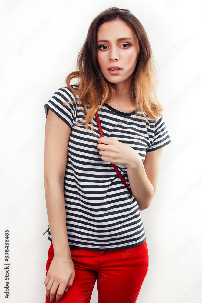 young pretty teenage hipster girl posing emotional happy smiling on white background, lifestyle people concept young pretty teenage hipster girl posing emotional happy smiling on white background, lifestyle people concept