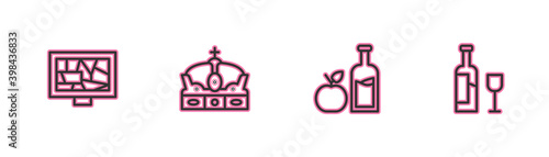 Set line Picture art, Apple cider bottle, Crown of spain and Wine with glass icon. Vector.