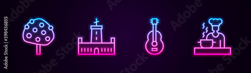 Set line Orange tree, Montjuic castle, Spanish guitar and cook. Glowing neon icon. Vector.