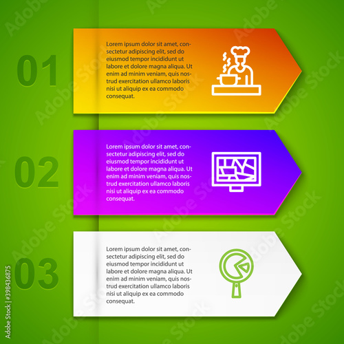 Set line Spanish cook, Picture art, Omelette in frying and Orange fruit. Business infographic template. Vector.