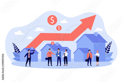 Real estate transaction and rising of property value. People selling property and buying house and cottage. Vector illustration for business or new home concept