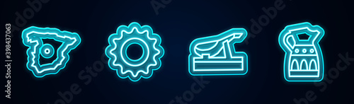 Set line Map of Spain, Sun, Spanish jamon and Sangria pitcher. Glowing neon icon. Vector.