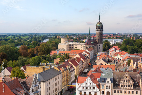 Aerial view of the historic town center of Wittenberg with the Castle Church