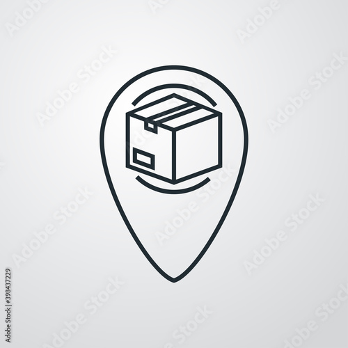 Logotipo seguimiento del envío. Icono caja de cartón con puntero de posición con lineas en fondo gris