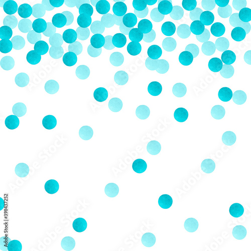 Falling pattern of two shades light blue paper confetti. Christmas, Birthday, Valentine, New Born party background for festive decor. Watercolor hand drawn isolated elements on white background.