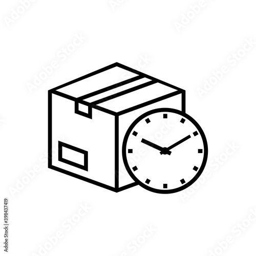 Logotipo entega rápida. Icono caja de cartón con reloj simple con lineas en color negro