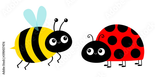 Lady bug ladybird bee bumblebee flying insect icon set. Ladybug. Side view. Cute cartoon kawaii funny baby character. Happy Valentines Day. Flat design. White background.