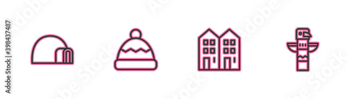 Set line Igloo ice house, House, Beanie hat and Canadian totem pole icon. Vector.