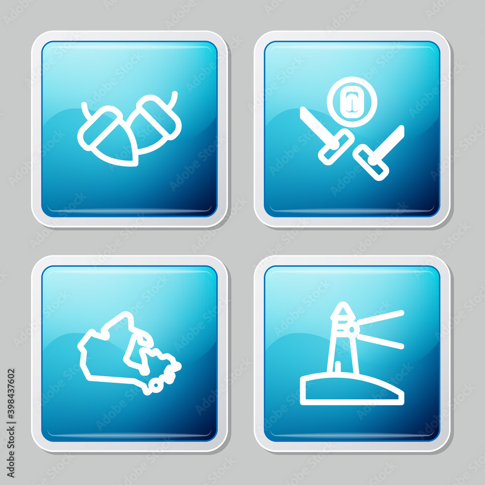 Set line Acorn, Curling sport game, Canada map and Lighthouse icon. Vector. Set line Acorn, Curling sport game, Canada map and Lighthouse icon. Vector.