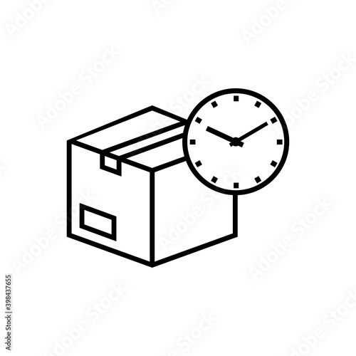 Logotipo entega rápida. Icono caja de cartón con reloj simple con lineas en color negro