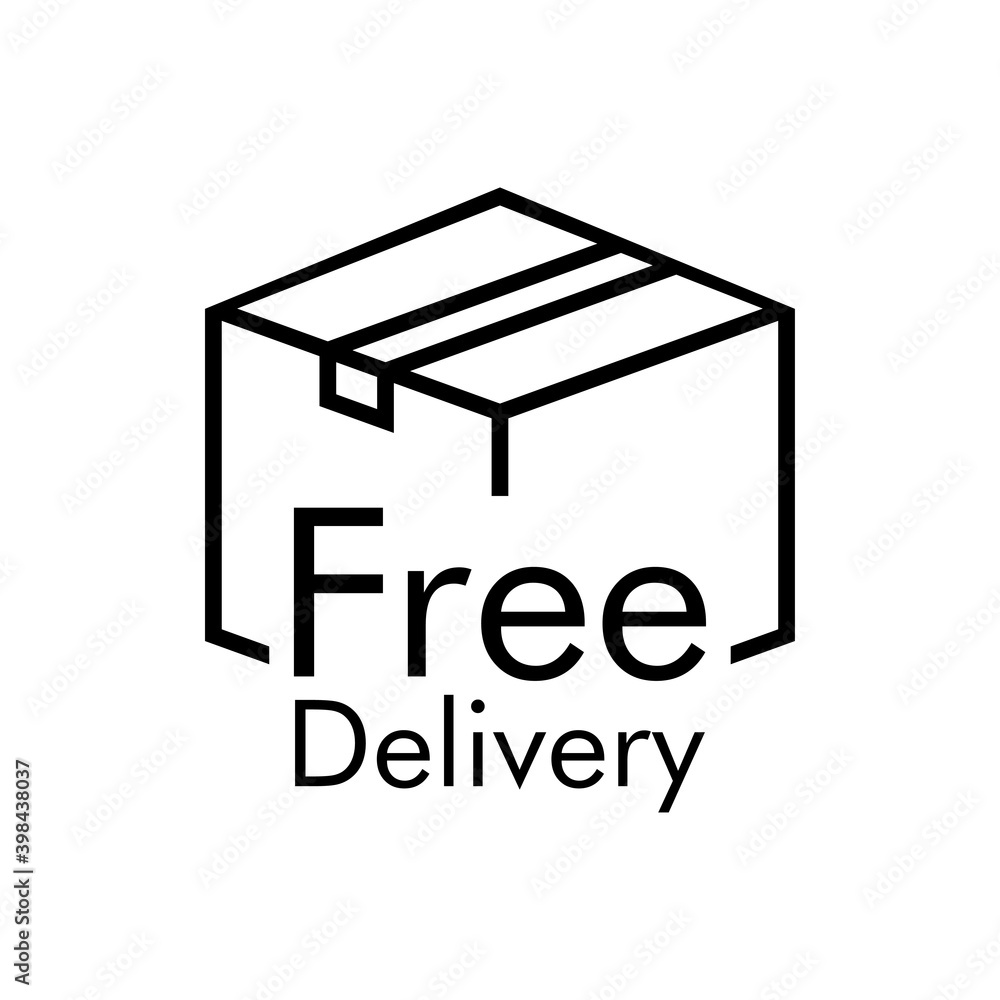 Logotipo envío gratis. Icono caja de cartón con texto Delivery Free con lineas en color negro