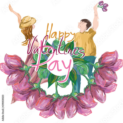 Vector illustration on the theme of Valentine's Day. Wreath of flowers and romantic couple. Hand drawn lettering. Imitation of a drawing with markers. Design for postcard, poster, banner.