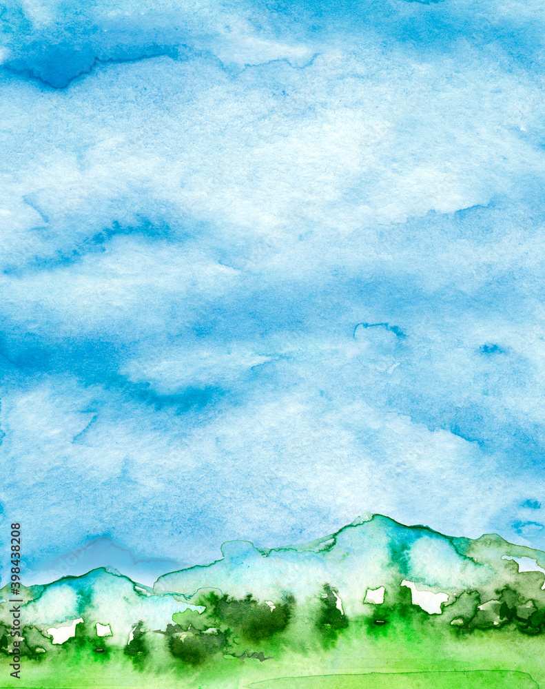 Fototapeta premium Watercolor picture of mountains, forest with pine trees, fir, cedar. Abstract spots of green. On a white background. Postcard, picture, poster, logo. Country forest landscape, pasture