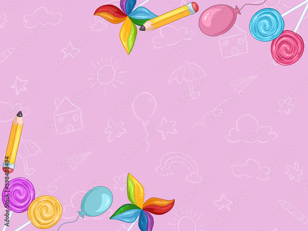 background with children's drawings. pencil, weather vane, candy, balloon drawing