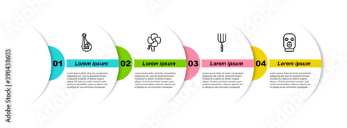Set line Bandura, Poppy flower, Garden pitchfork and Thief mask. Business infographic template. Vector.