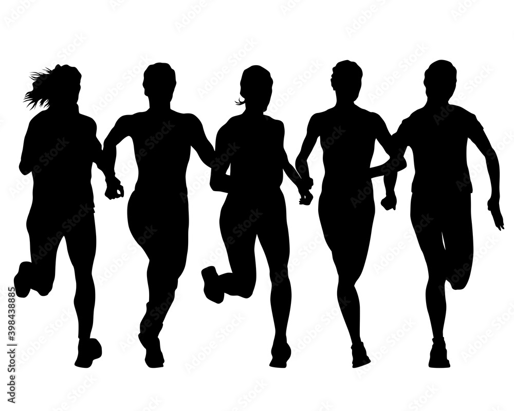 Fototapeta premium Young athletes women run a marathon. Isolated silhouettes on white background