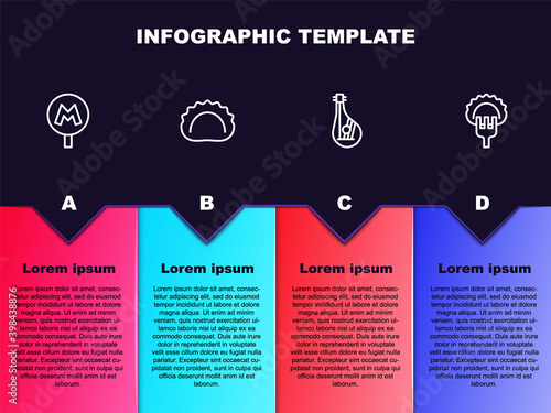 Set line Metro or Underground, Dumplings, Bandura and on fork. Business infographic template. Vector.