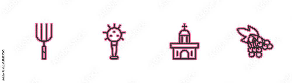 Set line Garden pitchfork, Church building, Mace and Branch viburnum icon. Vector. Set line Garden pitchfork, Church building, Mace and Branch viburnum icon. Vector.