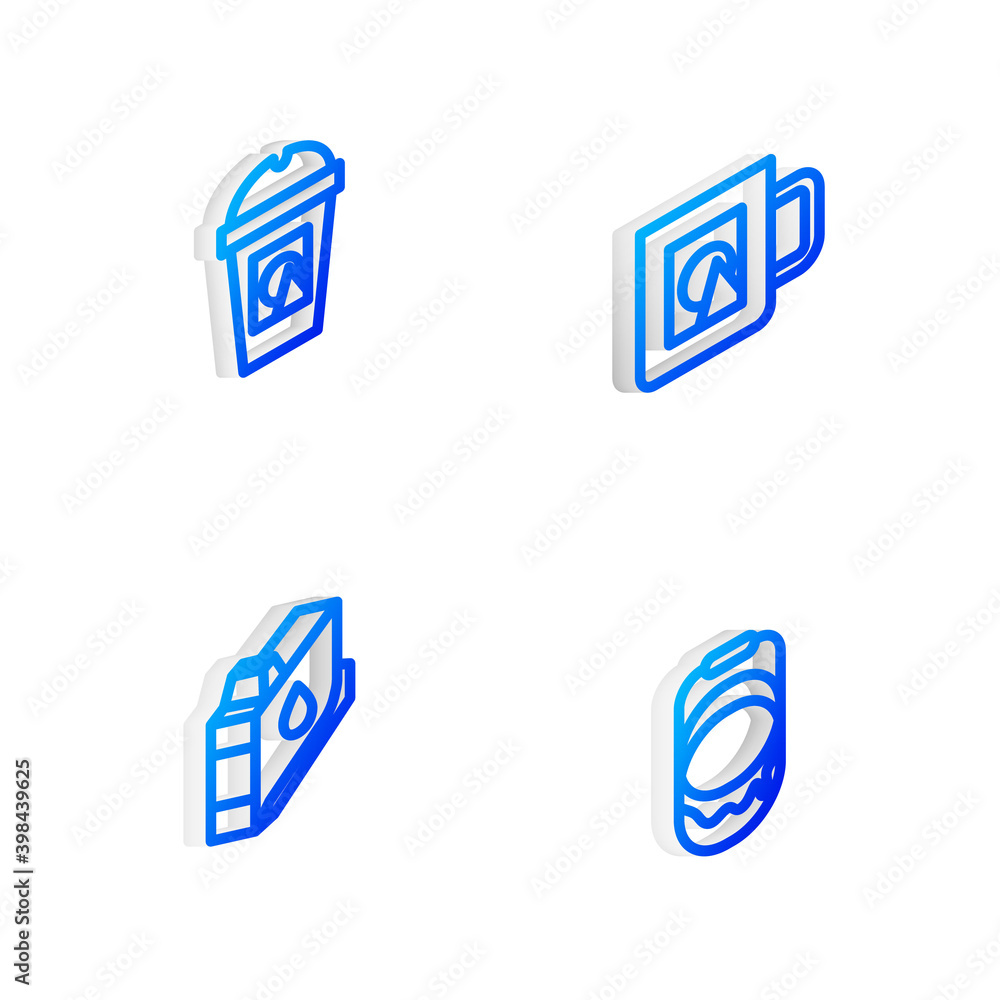 Set Isometric line Coffee cup, to go, Printer ink cartridge and Paint bucket icon. Vector.