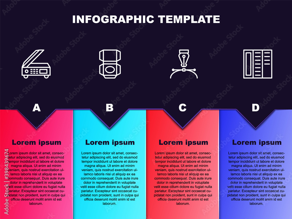 Set line Scanner, Carton cardboard box, Fountain pen nib and Brochure. Business infographic template. Vector. Set line Scanner, Carton cardboard box, Fountain pen nib and Brochure. Business infographic template. Vector.