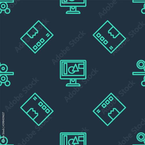 Set line Computer monitor screen, Carton cardboard box and Paper roll of printing press on seamless pattern. Vector.