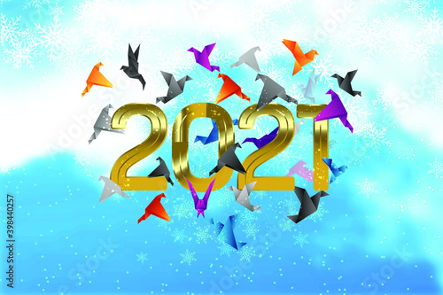 Golden Happy New Year 2021 Posters with colorful paper birds and burst glitter on winter background. Happy New Year 2021 winter holiday greeting card design template. Vector illustration