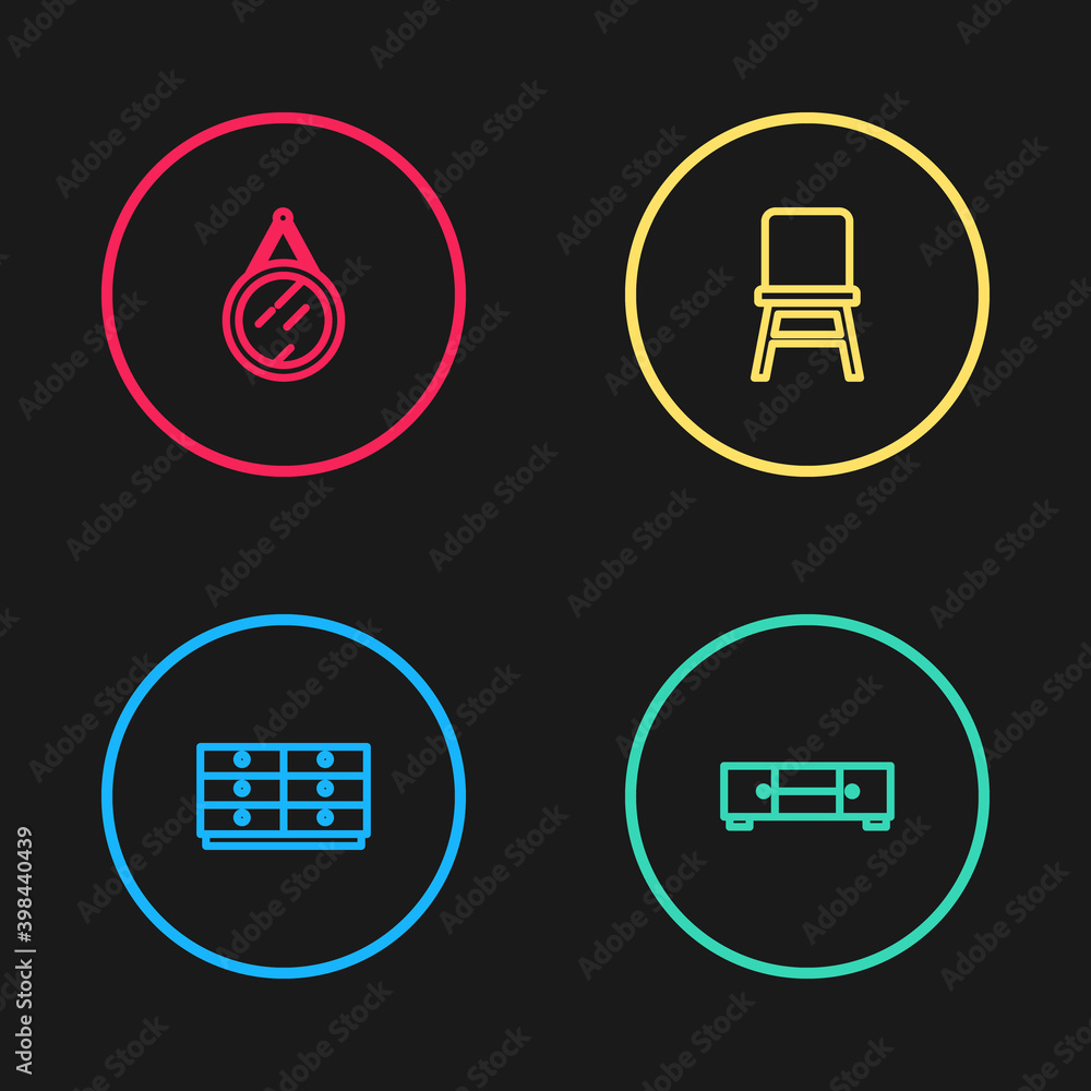 Set line Chest of drawers, , Chair and Mirror icon. Vector.