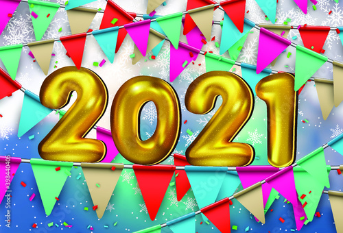 Happy New 2021 Year! Party poster template with 3D realistic text. Festive header design. Shiny party background. Gold foil balloons numeral 2021 with party flags, confetti. 3D Vector illustration