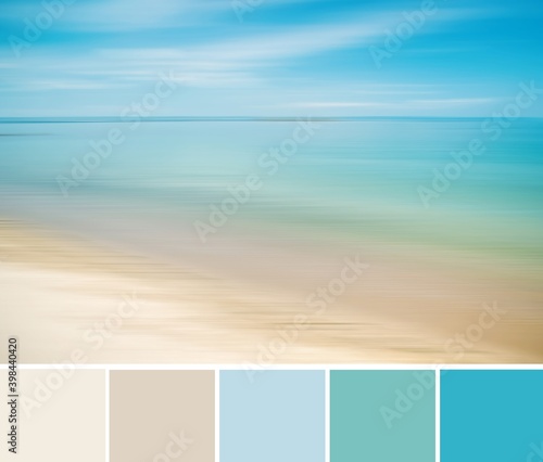Abstract blurred shapes of colorful layers of sea water and sand on the beach. Blue, turquoises and beige gamma. Color palette swatches, combination of colors, inspired by nature.