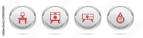 Set line Table lamp on table, Chest of drawers, and Mirror. Silver circle button. Vector.