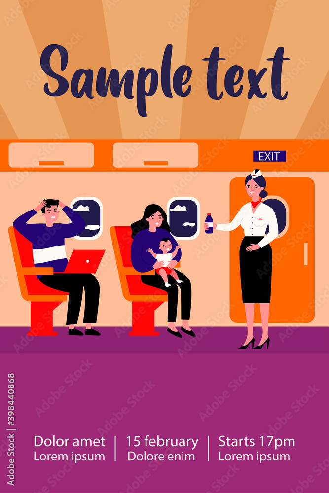 Naklejka premium Woman with screaming baby travelling by plane. Stressed passengers, stewardess with water flat vector illustration. Transportation, tourism concept for banner, website design or landing web page