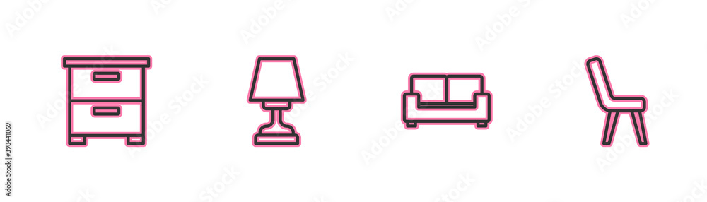 Set line Furniture nightstand, Sofa, Table lamp and Armchair icon. Vector. Set line Furniture nightstand, Sofa, Table lamp and Armchair icon. Vector.