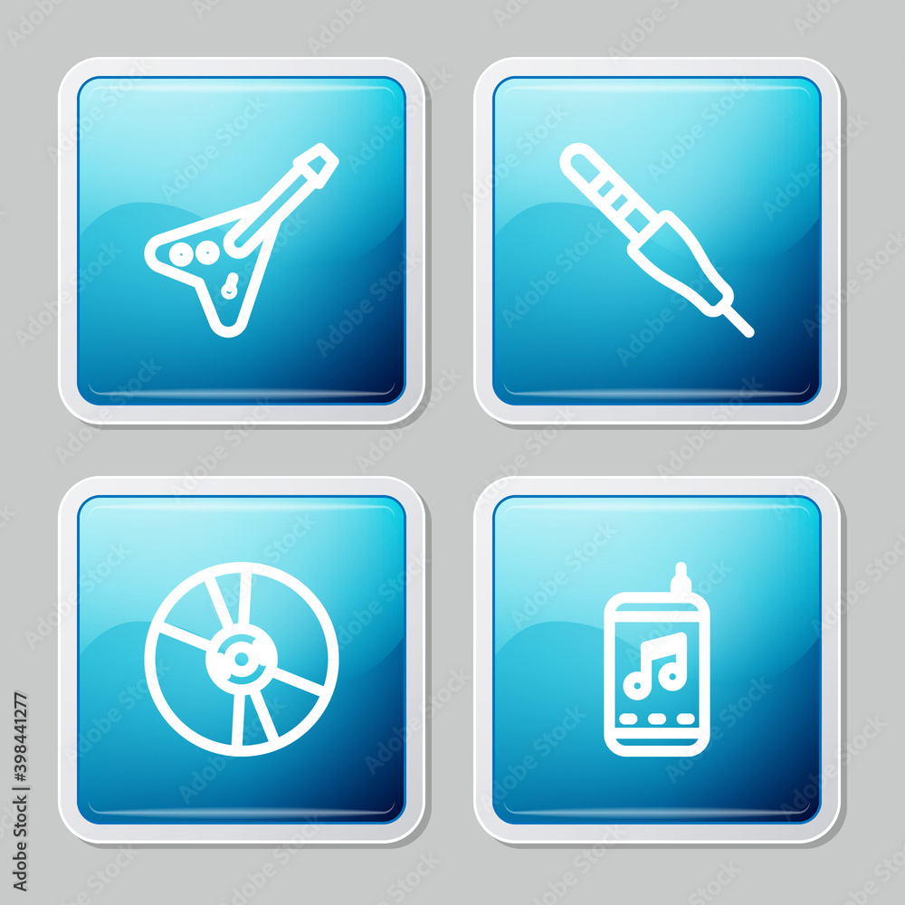 Set line Electric bass guitar, Audio jack, CD or DVD disk and Music player icon. Vector.