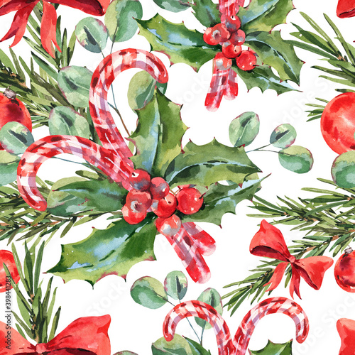 Watercolor vintage Christmas seamless pattern with Mistletoe, fir branch, leaves and berries.