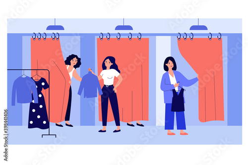 Sales assistant helping customers in fitting room. Girls trying on new clothes in fashion store. Vector illustration for shopping, boutique, fashion concept