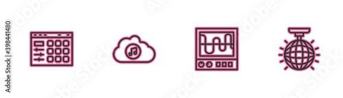 Set line Drum machine, Oscilloscope, Music streaming service and Disco ball icon. Vector.