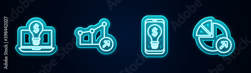 Set line Light bulb with dollar on laptop, Financial growth, mobile and . Glowing neon icon. Vector.