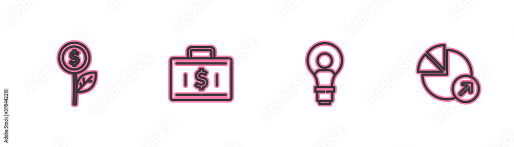 Set line Dollar plant, Head with lamp bulb, Briefcase and money and Financial growth icon. Vector. Set line Dollar plant, Head with lamp bulb, Briefcase and money and Financial growth icon. Vector.