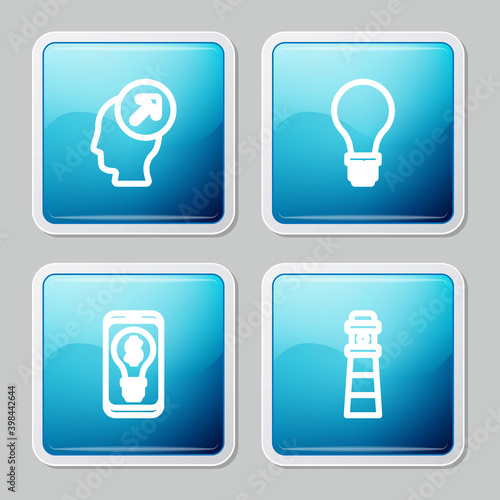 Set line Head hunting concept  Light bulb with of idea  dollar mobile and Lighthouse icon. Vector.