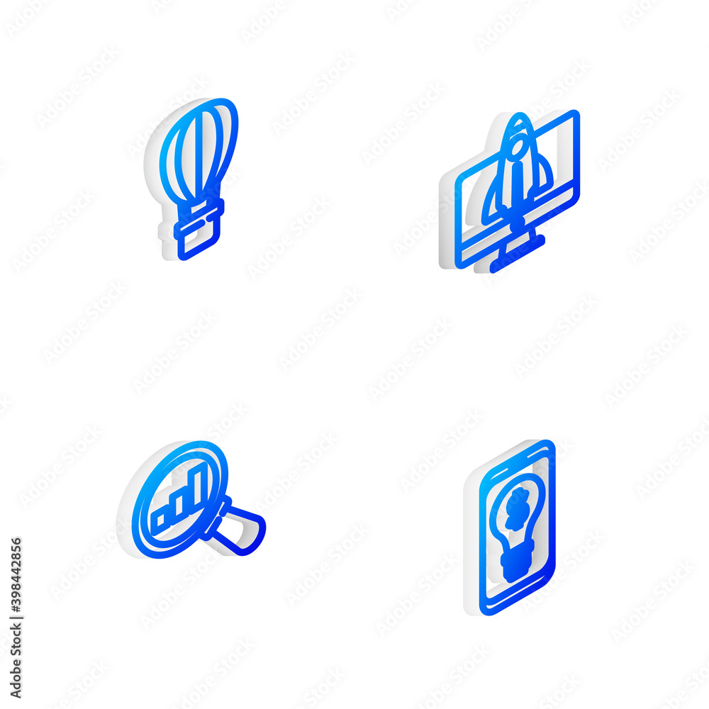 Set Isometric line Startup project concept, Hot air balloon, Magnifying glass and analysis and Light bulb with dollar mobile icon. Vector. Set Isometric line Startup project concept, Hot air balloon, Magnifying glass and analysis and Light bulb with dollar mobile icon. Vector.