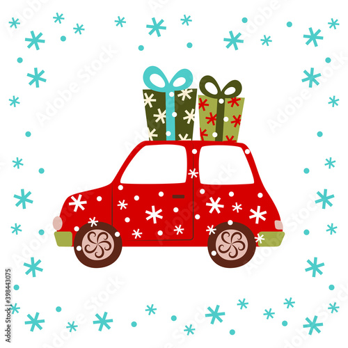 Red cartoon car with Christmas gifts and snowflakes. Happy New Year. Copy space. Flat design. Vector. The isolated image on a white background. Greeting card. Template for your design.