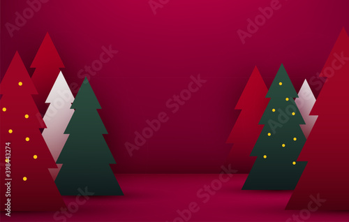  Mock up scene. Podium shape for show cosmetic product display. stage pedestal or platform. Winter Christmas red background with tree xmas.