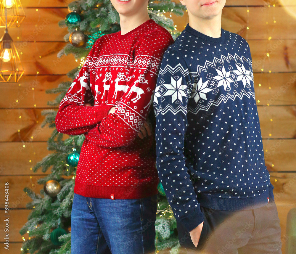 Young Caucasian guys are attractive and cheerful in knitted sweaters: red and blue with a Christmas print. Winter. Clothing and fashion for youth concept. New Year's interior