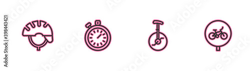 Set line Bicycle helmet, Unicycle or one wheel bicycle, Stopwatch and icon. Vector.