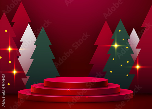  Mock up scene. Podium shape for show cosmetic product display. stage pedestal or platform. Winter Christmas red background with tree xmas.