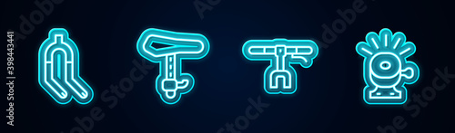 Set line Bicycle fork, seat, handlebar and bell. Glowing neon icon. Vector.